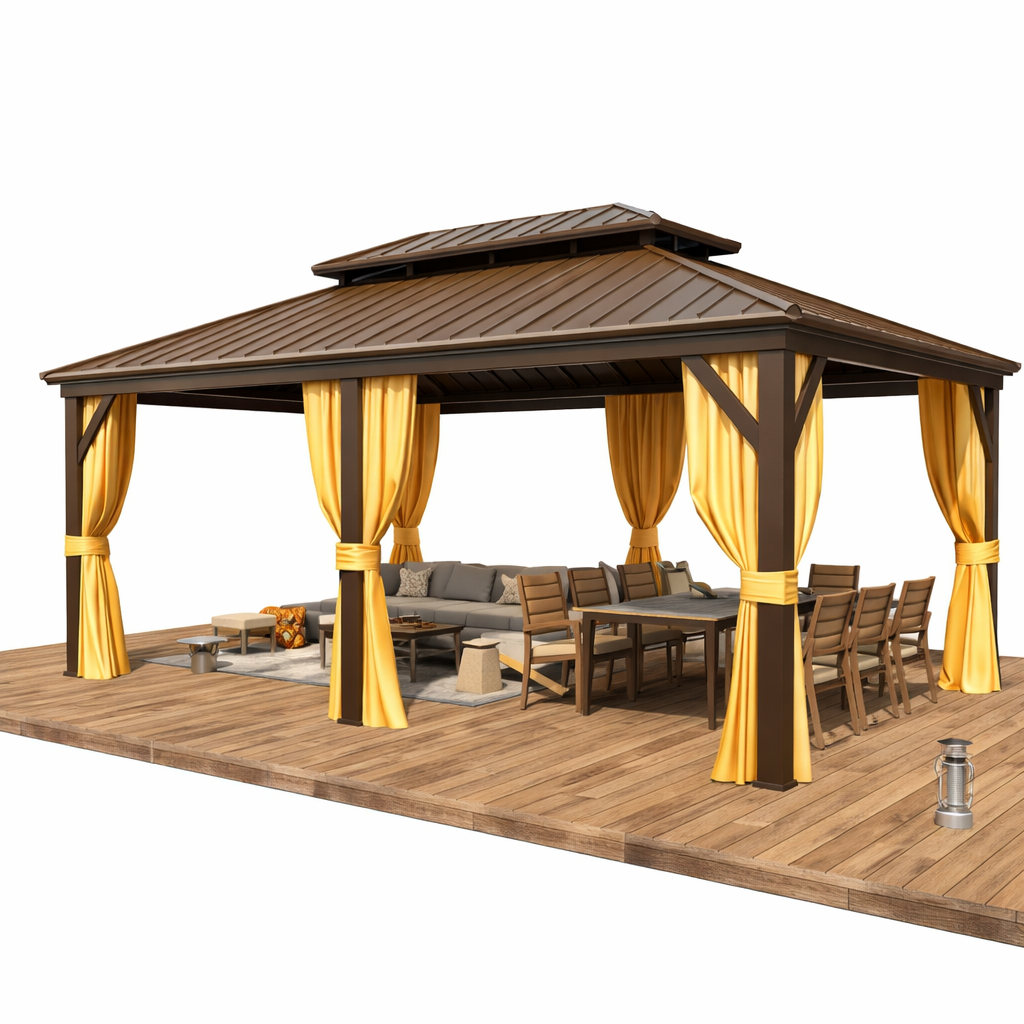 12'X18' Hardtop Gazebo with Galvanized Steel Double Roof & Aluminum Frame, Outdoor Gazebo with Premium Curtains and Nettings