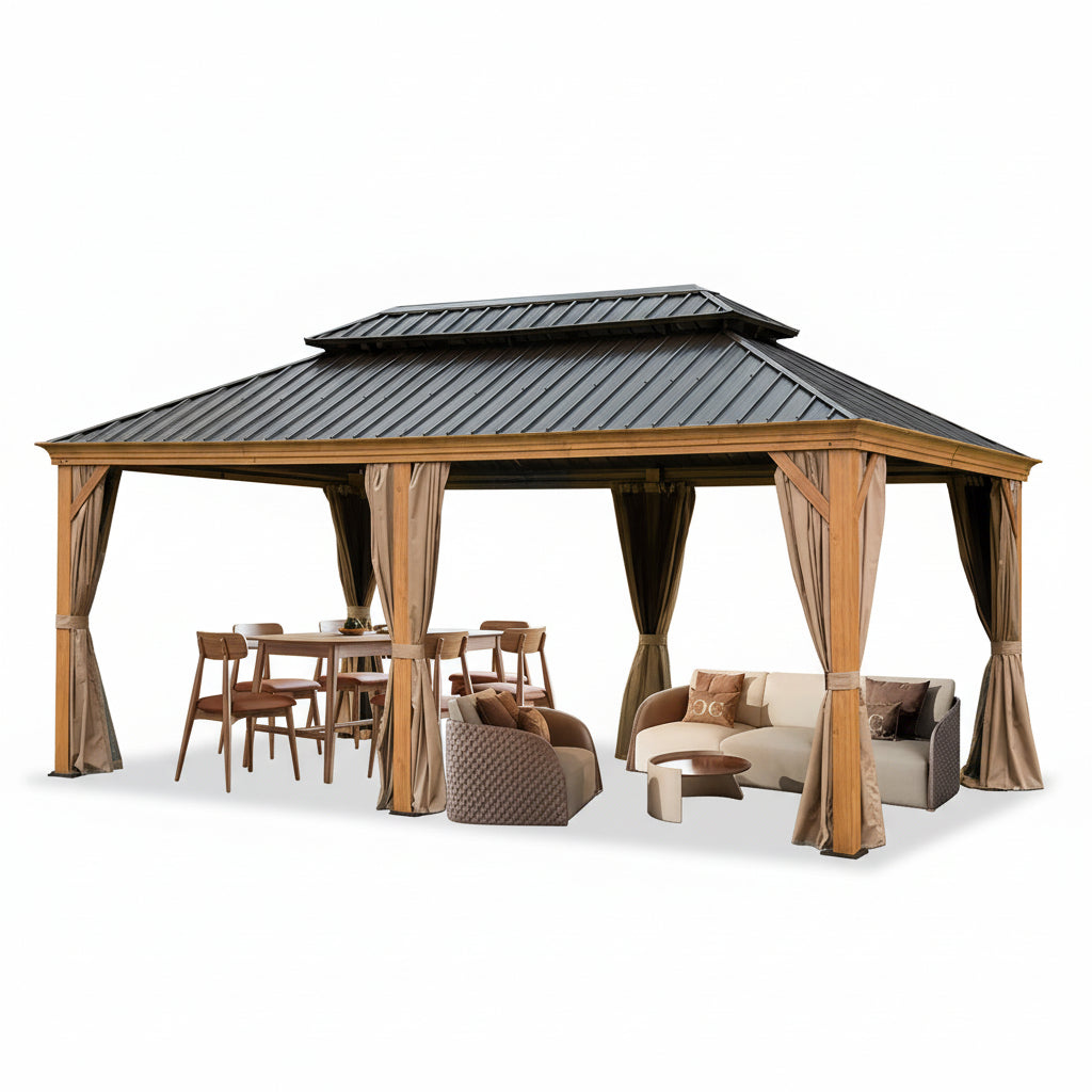 11.9-Ft X 11.9-Ft Hardtop Gazebo Yellow Brown Gazebo with Hardtop Roof