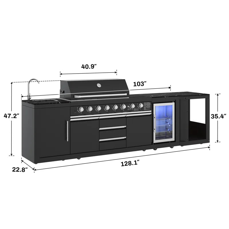 Akoah 4-Piece Modular Outdoor Kitchen Island Set with 8-Burner Grill, Fridge & Wheels