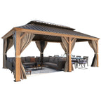 12' X 20' Hardtop Gazebo, Wooden Finish Coated Aluminum Frame Gazebo with Galvanized Steel Double Roof with Curtains and Netting