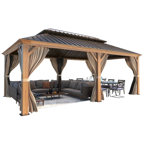 12' X 20' Hardtop Gazebo, Wooden Finish Coated Aluminum Frame Gazebo with Galvanized Steel Double Roof with Curtains and Netting