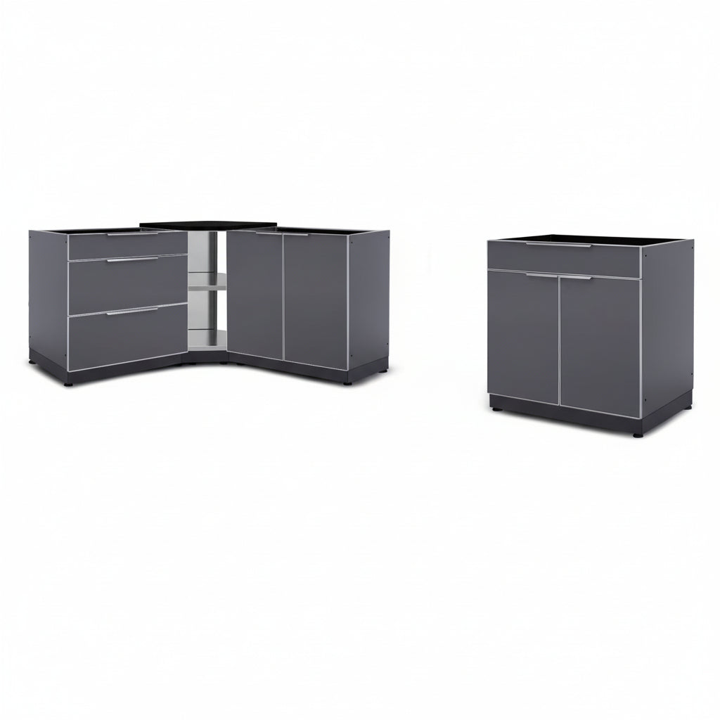 Newage Products Outdoor Kitchen Aluminum 4 Piece Cabinet Set with Corner Shelf, 2-Door, 3-Drawer and Bar Cabinet