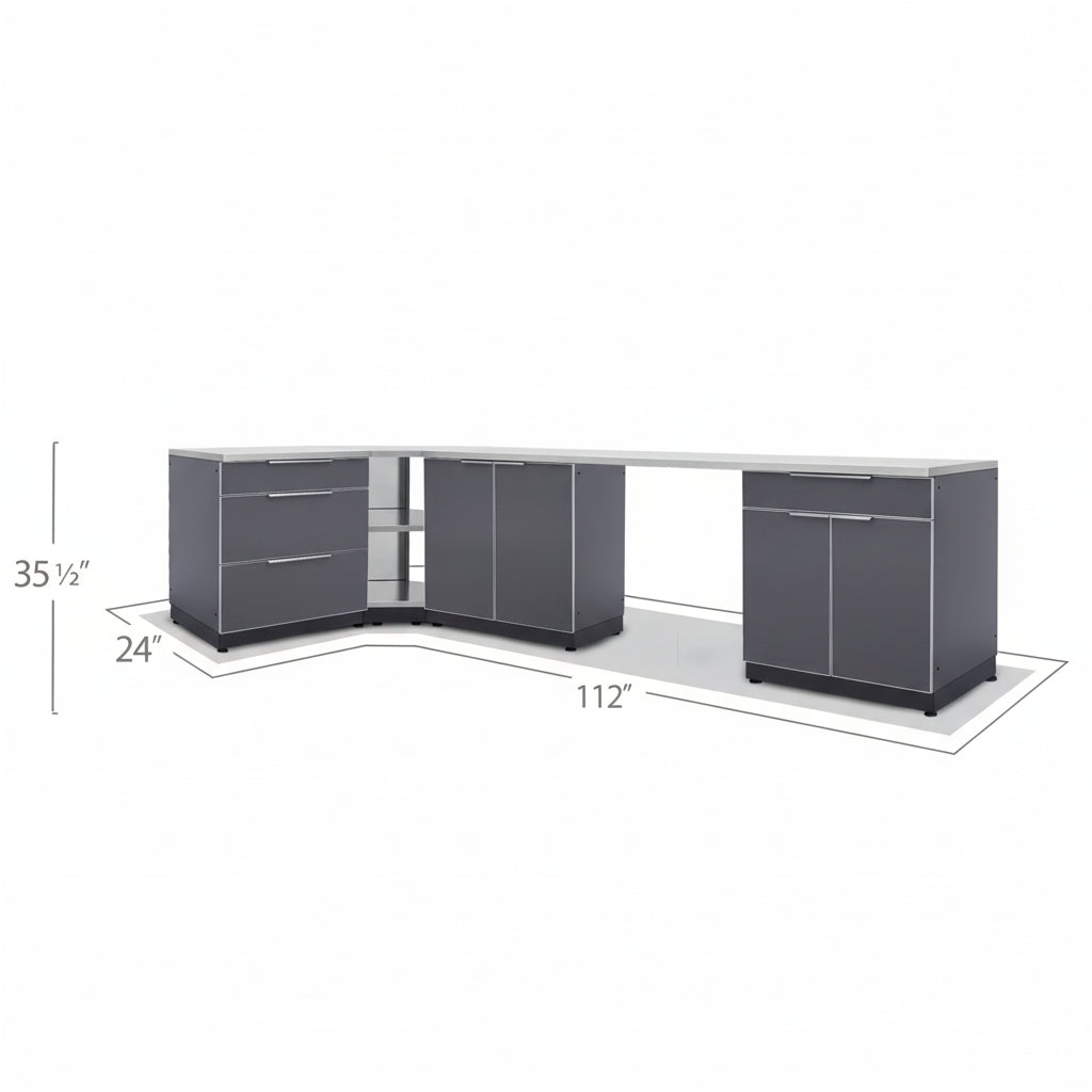 Newage Products Outdoor Kitchen Aluminum 4 Piece Cabinet Set with Corner Shelf, 2-Door, 3-Drawer and Bar Cabinet