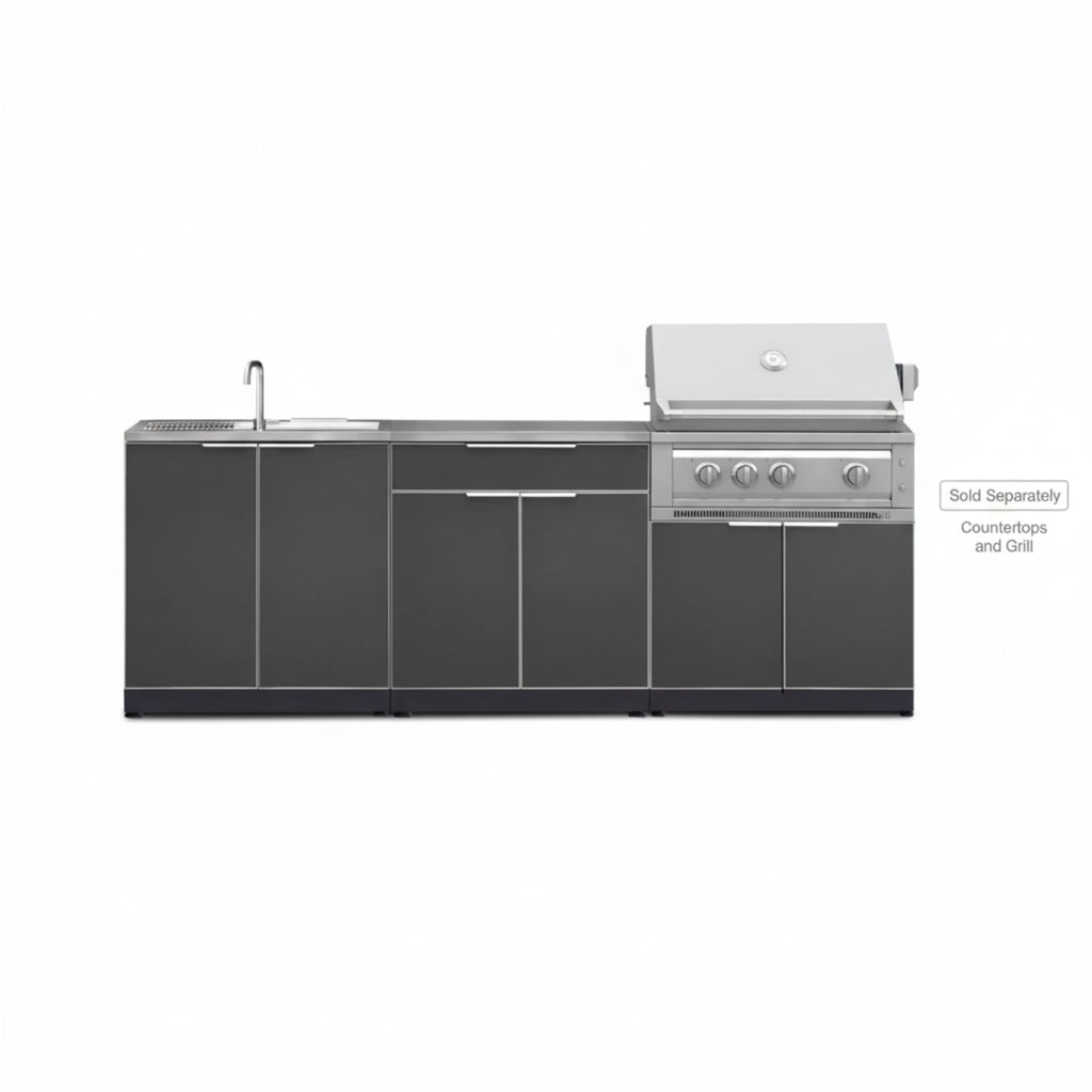 Newage Products Outdoor Kitchen Aluminum 3 Piece Cabinet Set with Bar, Grill and Sink Cabinet
