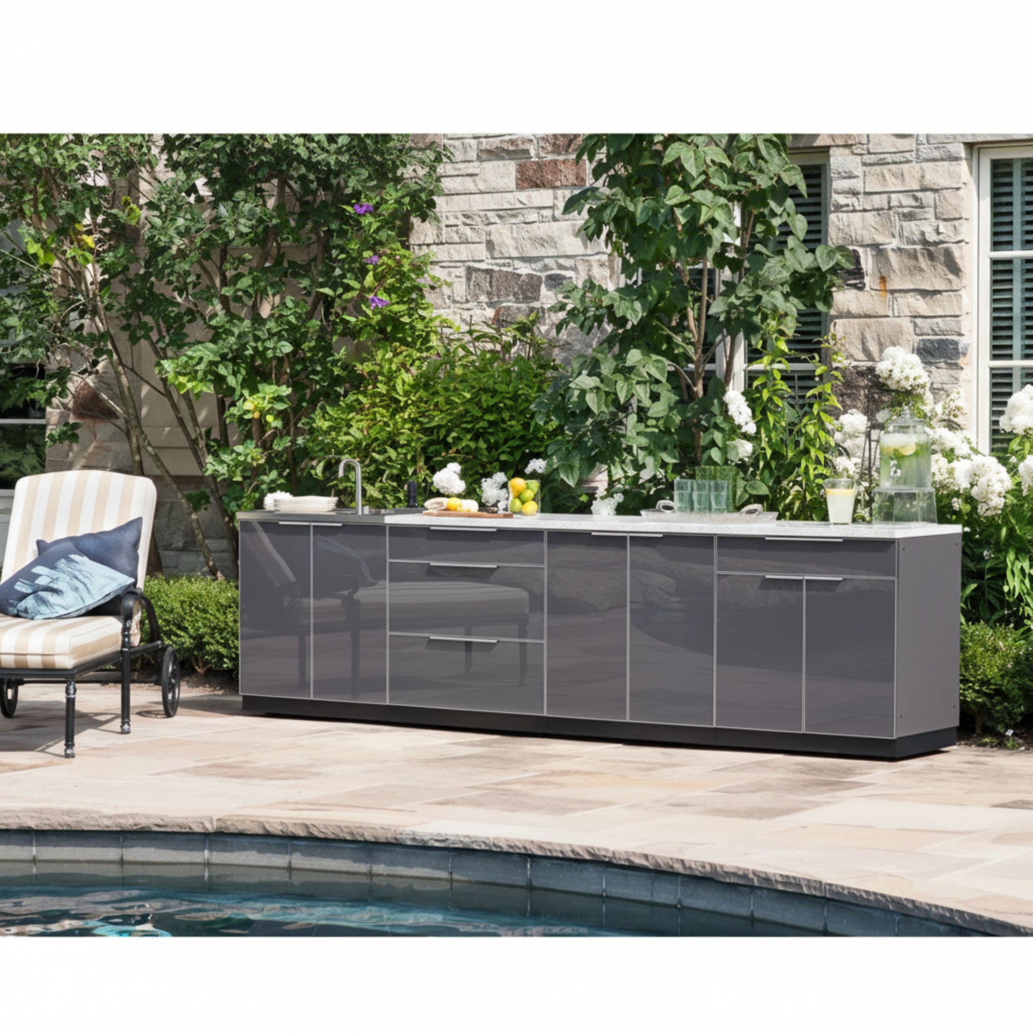 Newage Products Outdoor Kitchen Aluminum 3 Piece Cabinet Set with Bar, Grill and Sink Cabinet