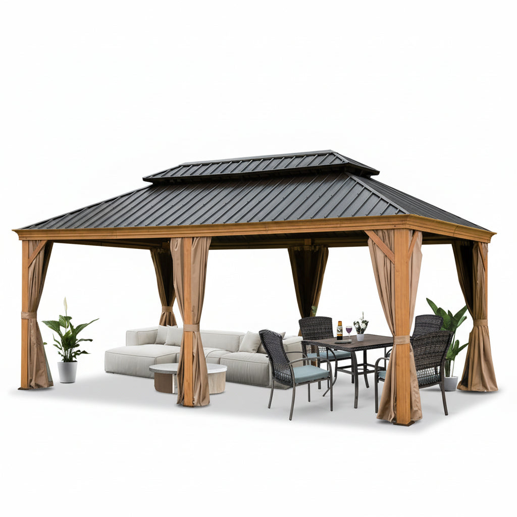 11.9-Ft X 11.9-Ft Hardtop Gazebo Yellow Brown Gazebo with Hardtop Roof